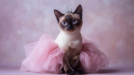 A playful Siamese cat in a pink tutu and tiara sitting gracefully on a soft backgroundの素材
