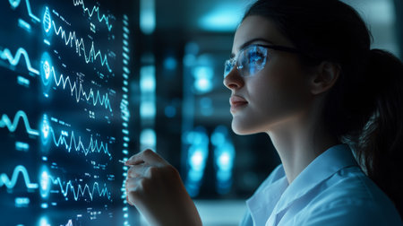 Young scientist analyzing data on a digital display in a modern laboratory settingの素材