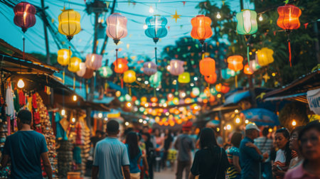 Group of People Walking Through a Marketの素材
