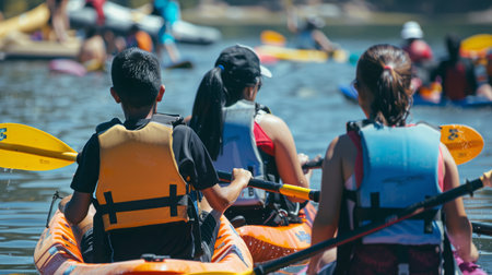 Group of People Paddling Kayaks on Waterの素材