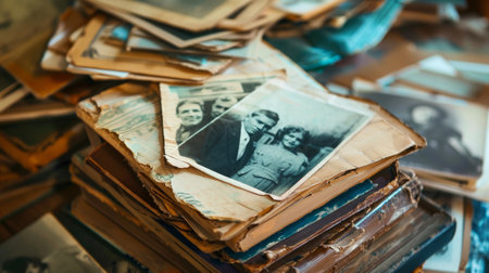 Pile of Old Photos on Tableの素材