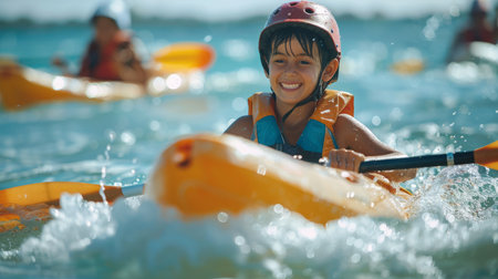 Young Girl Kayaking on Body of Waterの素材