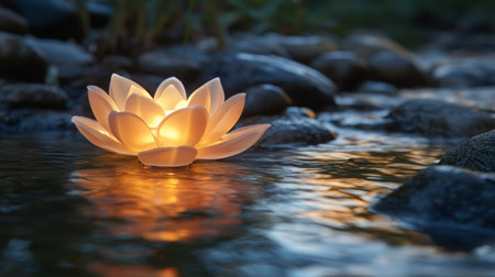 Floating candle-lit lotus in a tranquil stream during the evening glowの素材