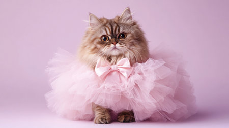 Adorable fluffy cat in a pink tutu and bow posing against a pastel backgroundの素材