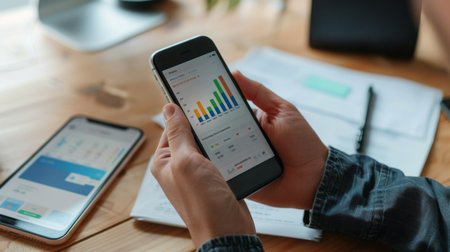 Business Professional Analyzing Data on Smartphone at Deskの素材