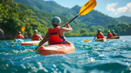 Group of People Kayaking Through Waterの素材
