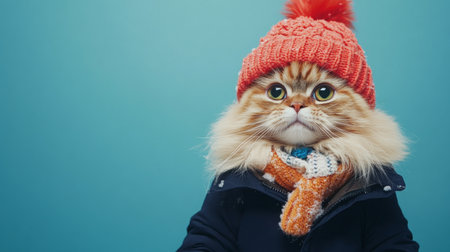 A fluffy cat wearing a cozy hat and scarf poses playfully against a bright backdropの素材