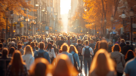 Crowd of People Walking Down City Streetの素材