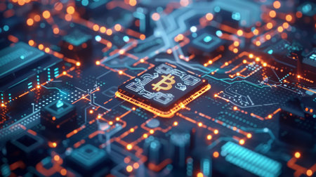 Bitcoin Resting on Computer Chipの素材