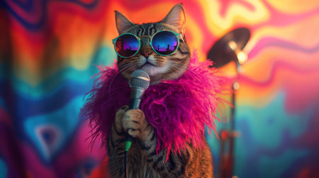 A cat wearing sunglasses and a pink boa sings into a microphone on stageの素材