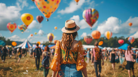 Woman in Hat Walking Through Field of Balloonsの素材