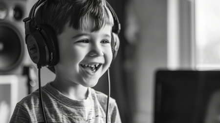 Young Boy Smiling With Headphonesの素材