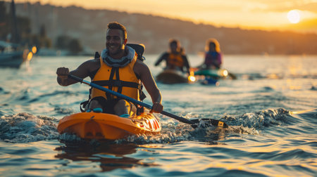 Man Riding Kayak on Body of Waterの素材