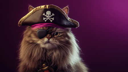 Cat dressed as a pirate with an eye patch and hat against a colorful backgroundの素材