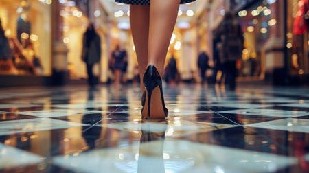 Woman Walking Through Shopping Mall in Heelsの素材