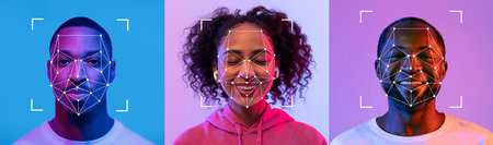 Facial recognition technology displayed on diverse individuals in vibrant colorsの写真素材