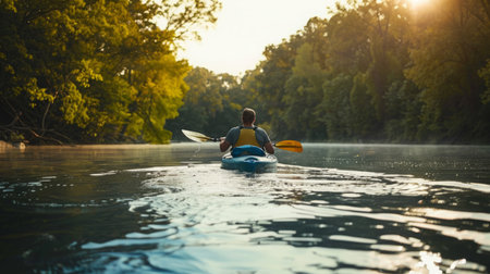 Person Kayaking Down River At Summerの素材