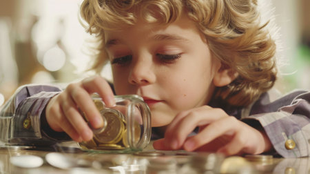 Young Boy Putting Coins in Glass Jarの素材