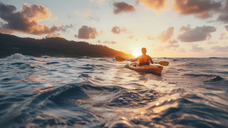 Person Kayaking in Ocean at Sunsetの素材