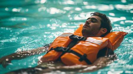 Man in Orange Life Jacket Floating in Waterの素材