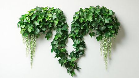 Green ivy forms the shape of a uterus on a white wallの素材