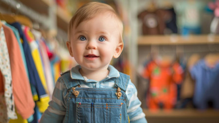 Young Boy Standing in Front of Clothes Rackの素材