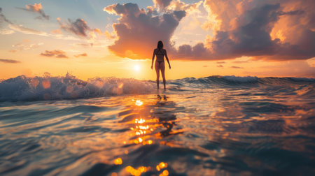 Woman Standing on Surfboard in Ocean at Sunsetの素材