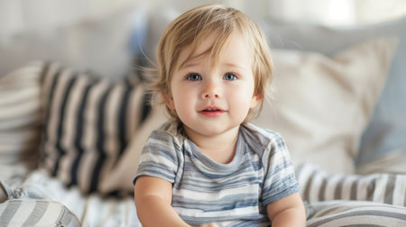 Little Boy Sitting on Bed With Pillowsの素材