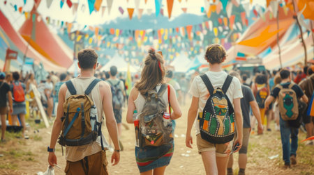Group of People Walking Down a Dirt Roadの素材