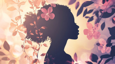 A womans silhouette surrounded by blossoms and leaves in a dreamy, soft light settingの素材
