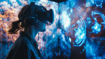 Woman Wearing Virtual Reality Headset in Front of Screenの素材