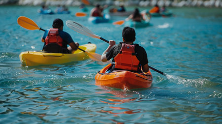 Two People in Kayaks Paddling on a Body of Waterの素材