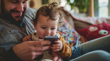 Man Holding Baby, Checking Cell Phoneの素材
