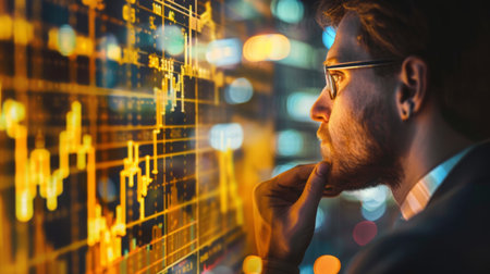 Analyst Examining Financial Data on Digital Screen at Nightの素材