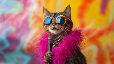 A confident cat dons bright sunglasses and a fluffy boa while poised with a microphoneの素材