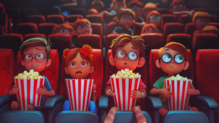 Group of Kids Watching Movie in Theaterの素材