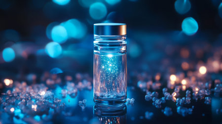 A glass jar filled with glowing particles surrounded by shimmering blue lights at nightの素材