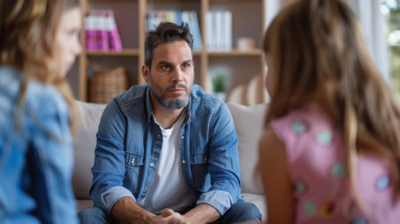 Concerned Father Listening to His Daughters at Homeの素材