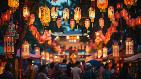 Group of People Walking Through Lantern-Lit Streetの素材