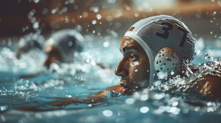 Man Swimming in Pool Wearing Hatの素材