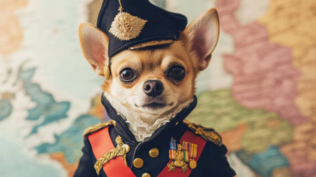 Chihuahua in a military uniform posing confidently against a vintage world map backdropの素材