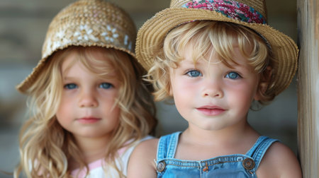 Two Young Children Wearing Summer Hatsの素材