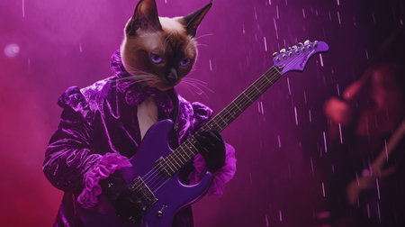 A cat dressed in a purple suit plays a purple electric guitar on stage in the rainの素材