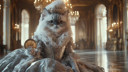 A regal cat in historical dress poses elegantly in a grand royal palace settingの素材