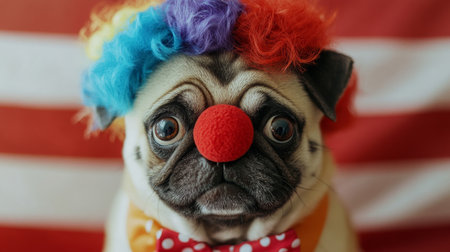 A playful pug wearing a colorful clown wig and red nose during a festive celebrationの素材