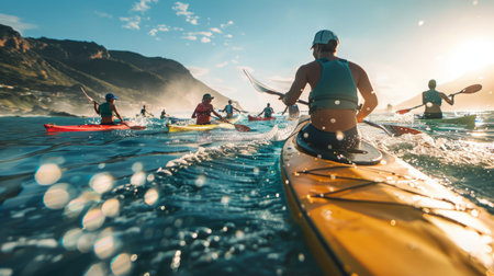 Group of People Riding Kayaks on Body of Waterの素材