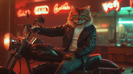 A feline biker with green eyes poses on a motorcycle in a neon-lit diner at nightの素材