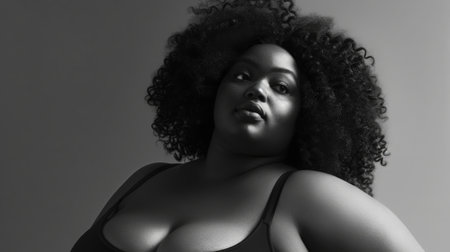 Elegant Black and White Portrait of a Woman With Curly Hairの素材