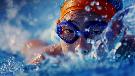 Young Boy Swimming in Pool With Gogglesの素材