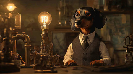 A clever dachshund in a vintage workshop wearing vest and tie, working by antique lightingの素材